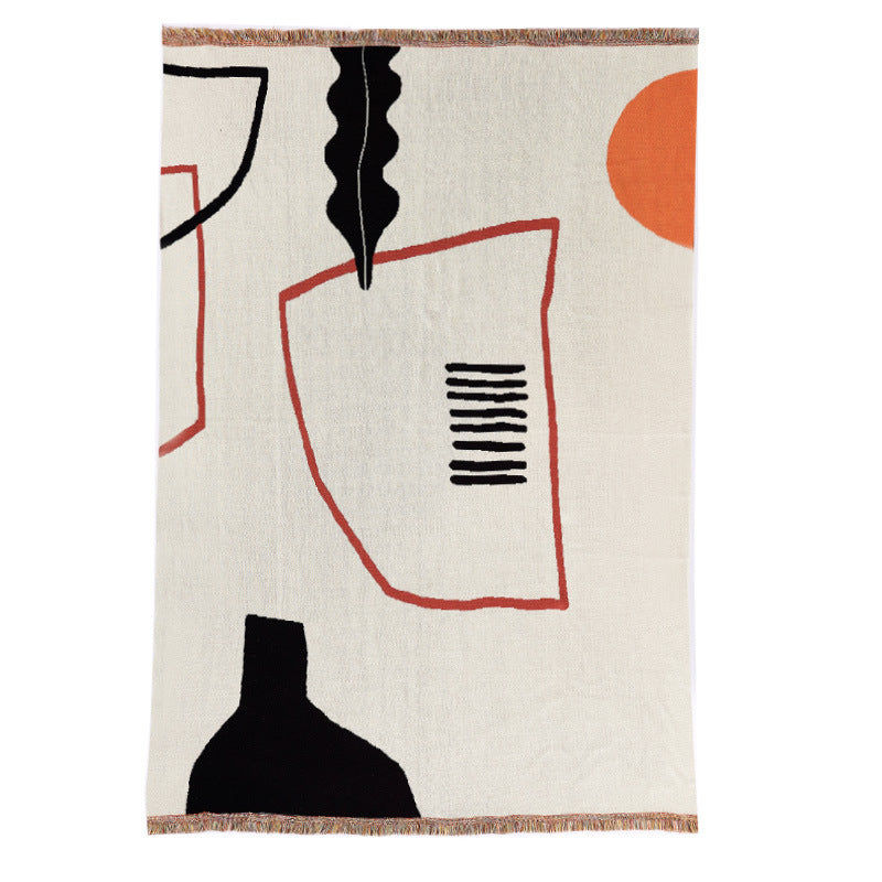 KTX-150291 Pure Cotton Geometric Pattern Blanket for Sofa in Light Blue and Beige - Large, 120cm x 170cm