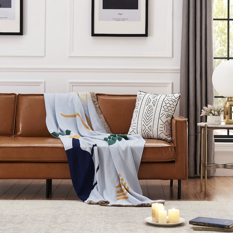 KTX-150291 Pure Cotton Geometric Pattern Blanket for Sofa in Light Blue and Beige - Large, 120cm x 170cm
