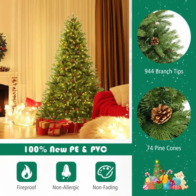 KTX-150739 6/7 FT Artificial Christmas Tree with Pine Cones and Adjustable Brightness Features