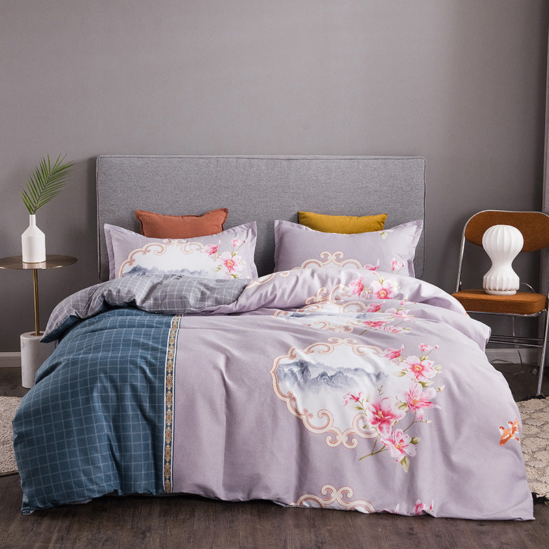 KTX-152595 Brushed Winter Four-Piece Bedding Set with Duvet Cover and Floral Patterns