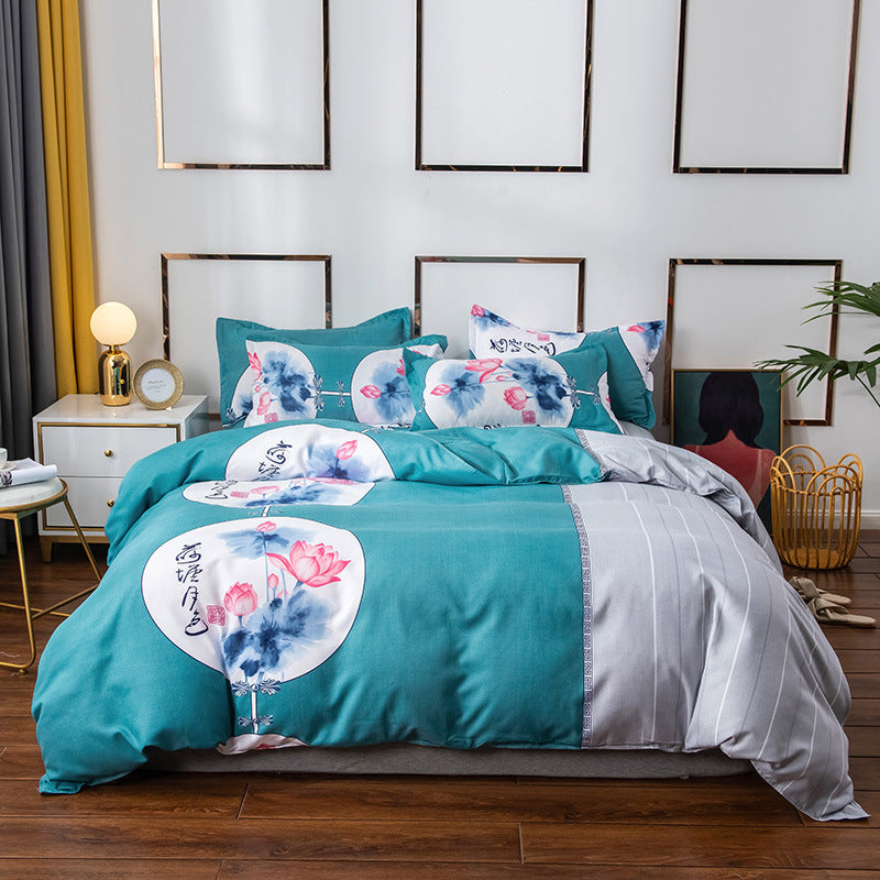 KTX-152595 Brushed Winter Four-Piece Bedding Set with Duvet Cover and Floral Patterns