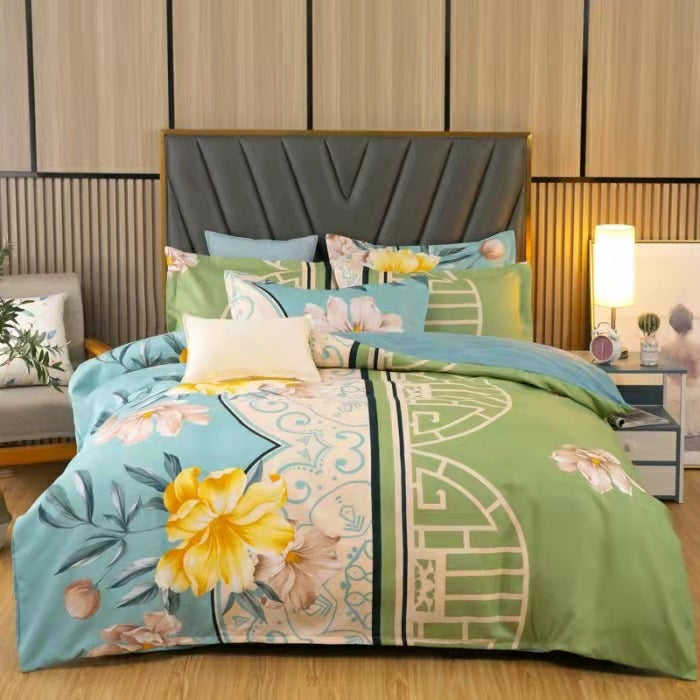 KTX-152595 Brushed Winter Four-Piece Bedding Set with Duvet Cover and Floral Patterns