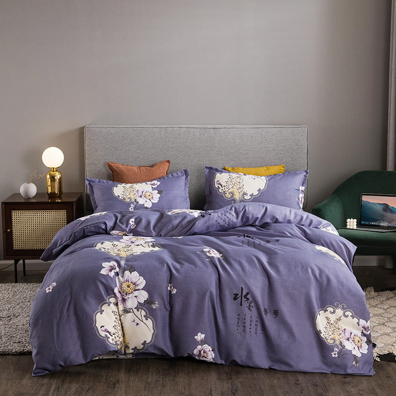 KTX-152595 Brushed Winter Four-Piece Bedding Set with Duvet Cover and Floral Patterns