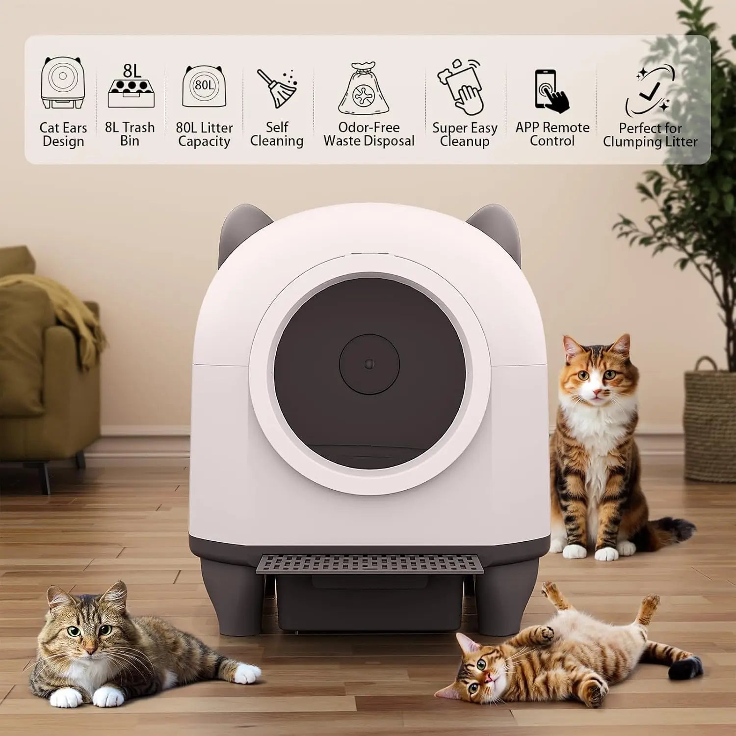 KTX-152723 Intelligent Self-Cleaning Cat Litter Box with Anti-Pinch Safety and App Connectivity, 80L Capacity