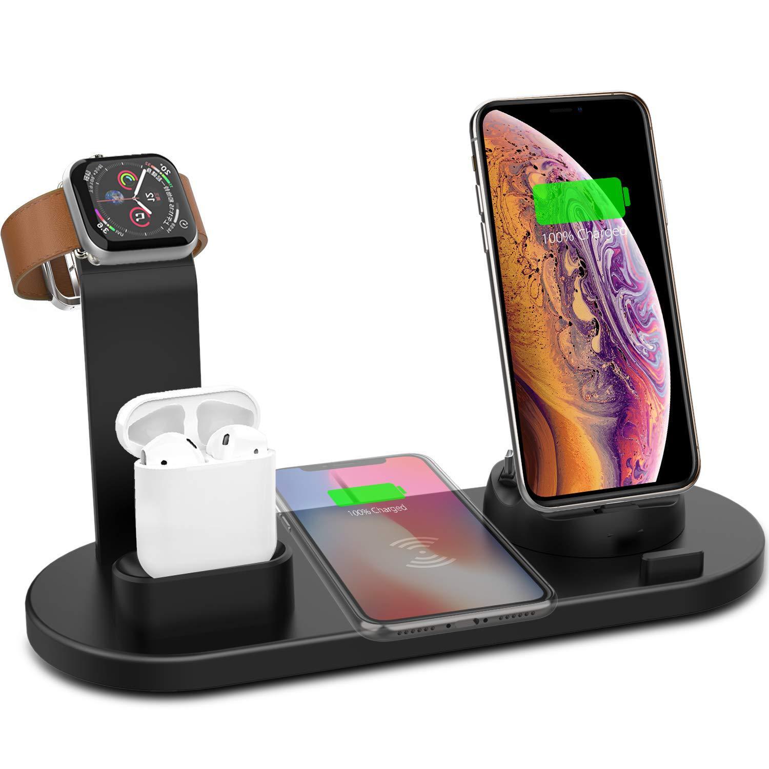 KTX-153491 4-in-1 Wireless Charging Stand for iPhones and Other Devices, USB Input, Sleek Black Design