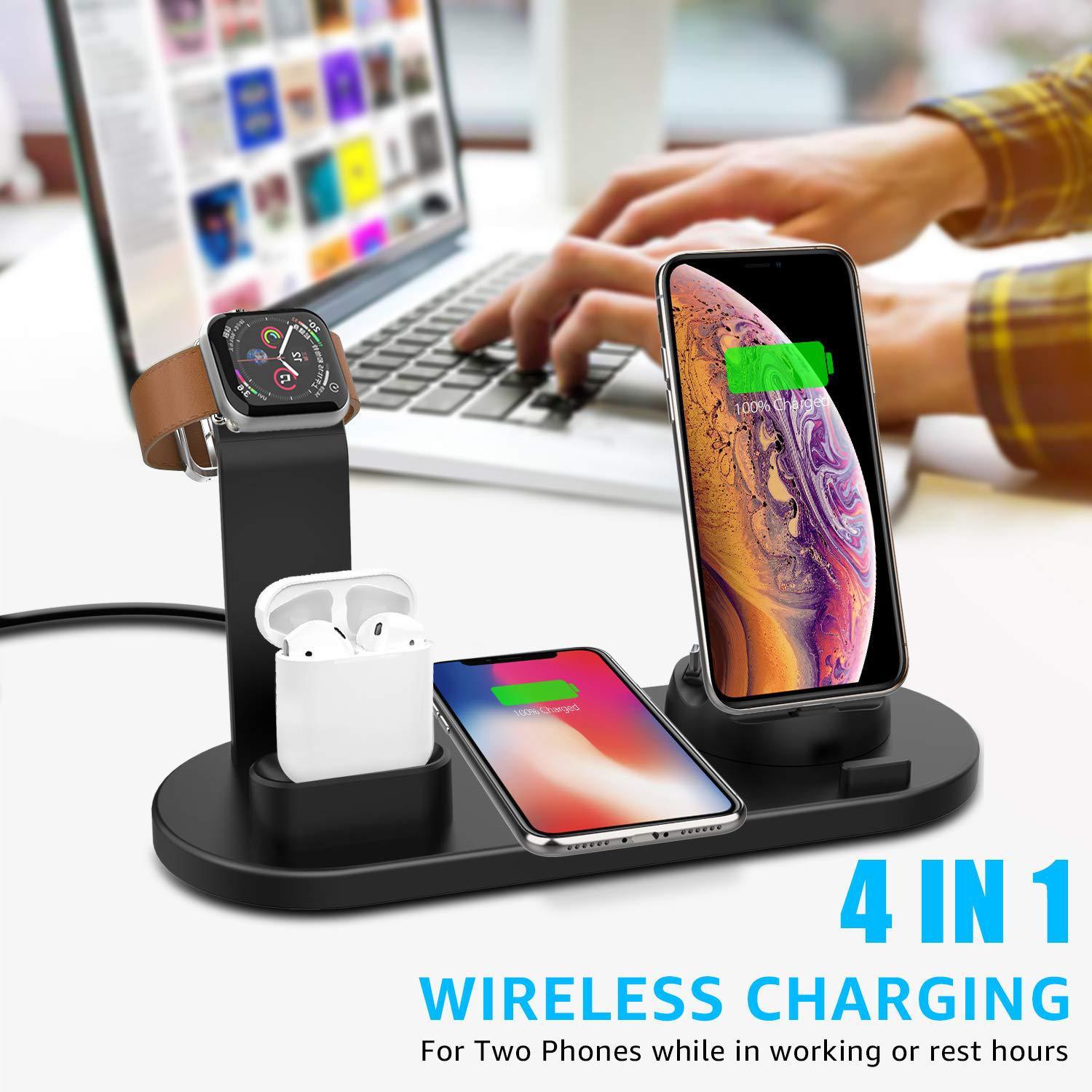 KTX-153491 4-in-1 Wireless Charging Stand for iPhones and Other Devices, USB Input, Sleek Black Design