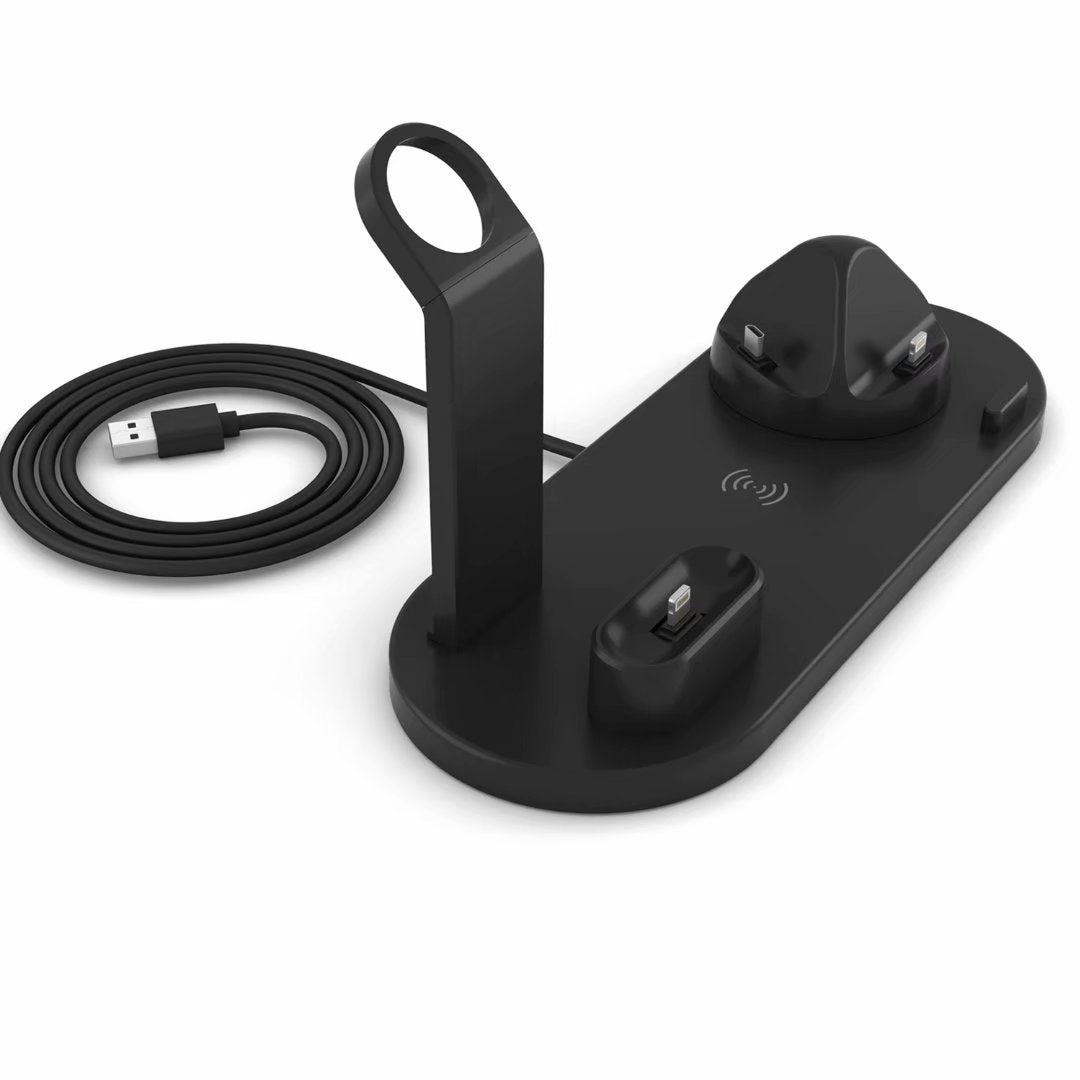 KTX-153491 4-in-1 Wireless Charging Stand for iPhones and Other Devices, USB Input, Sleek Black Design