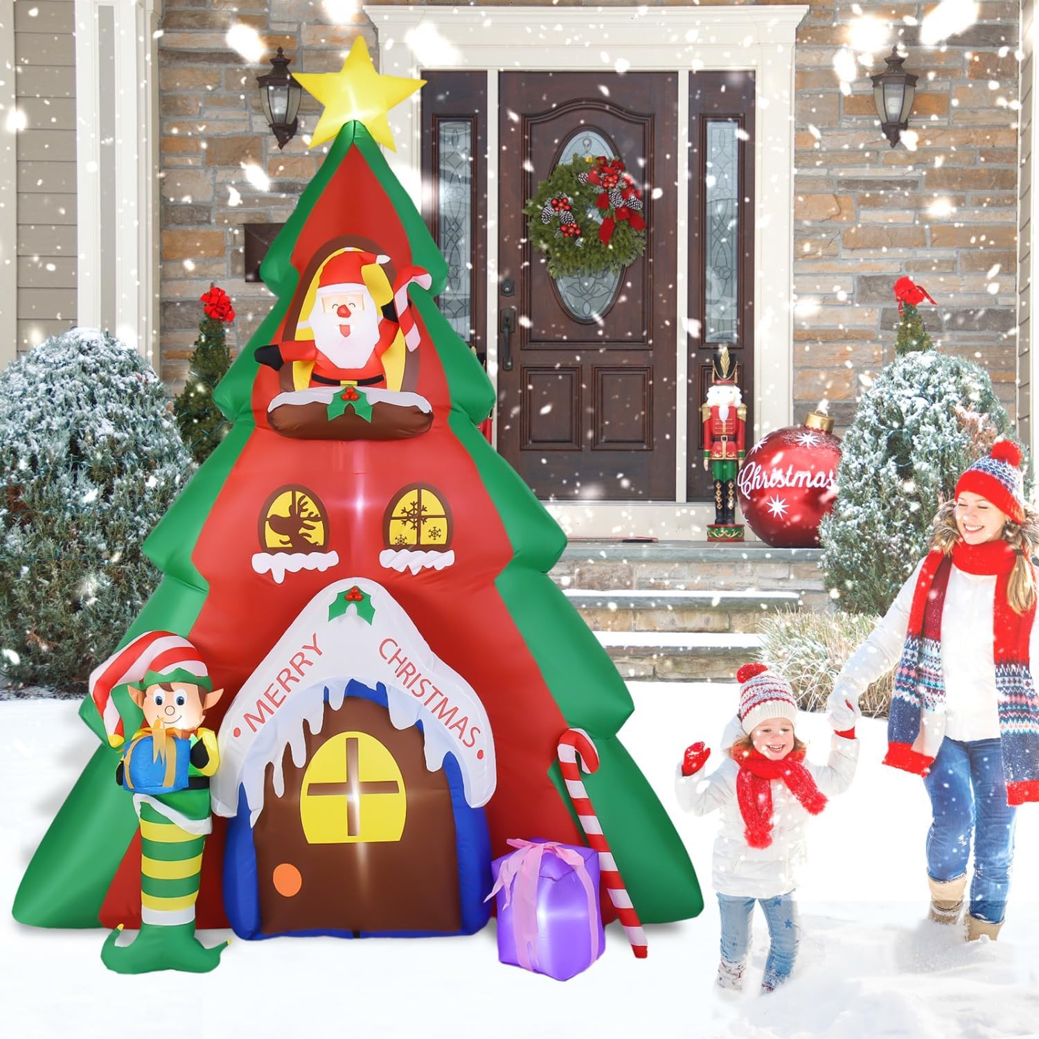 KTX-154771 10FT Inflatable Christmas Tree with Santa Claus House Decoration for Indoor and Outdoor Holiday Displays