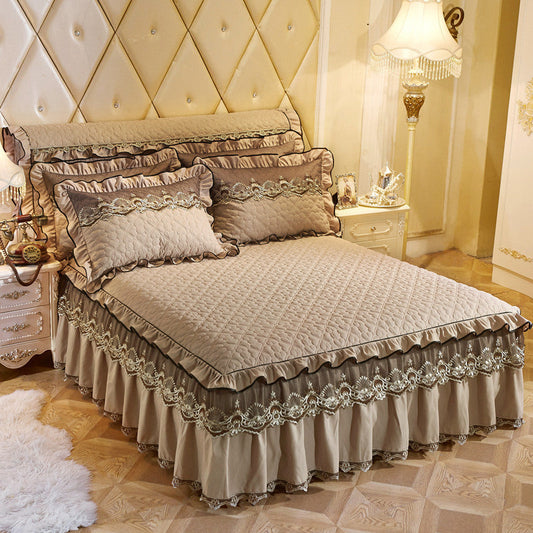 KTX-155731 European Style Quilted Lace Bed Skirt with Embroidery and Lotus Leaf Trim