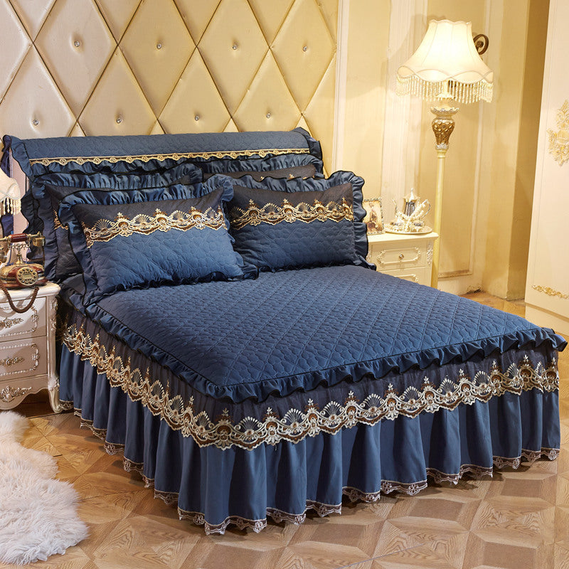 KTX-155731 European Style Quilted Lace Bed Skirt with Embroidery and Lotus Leaf Trim