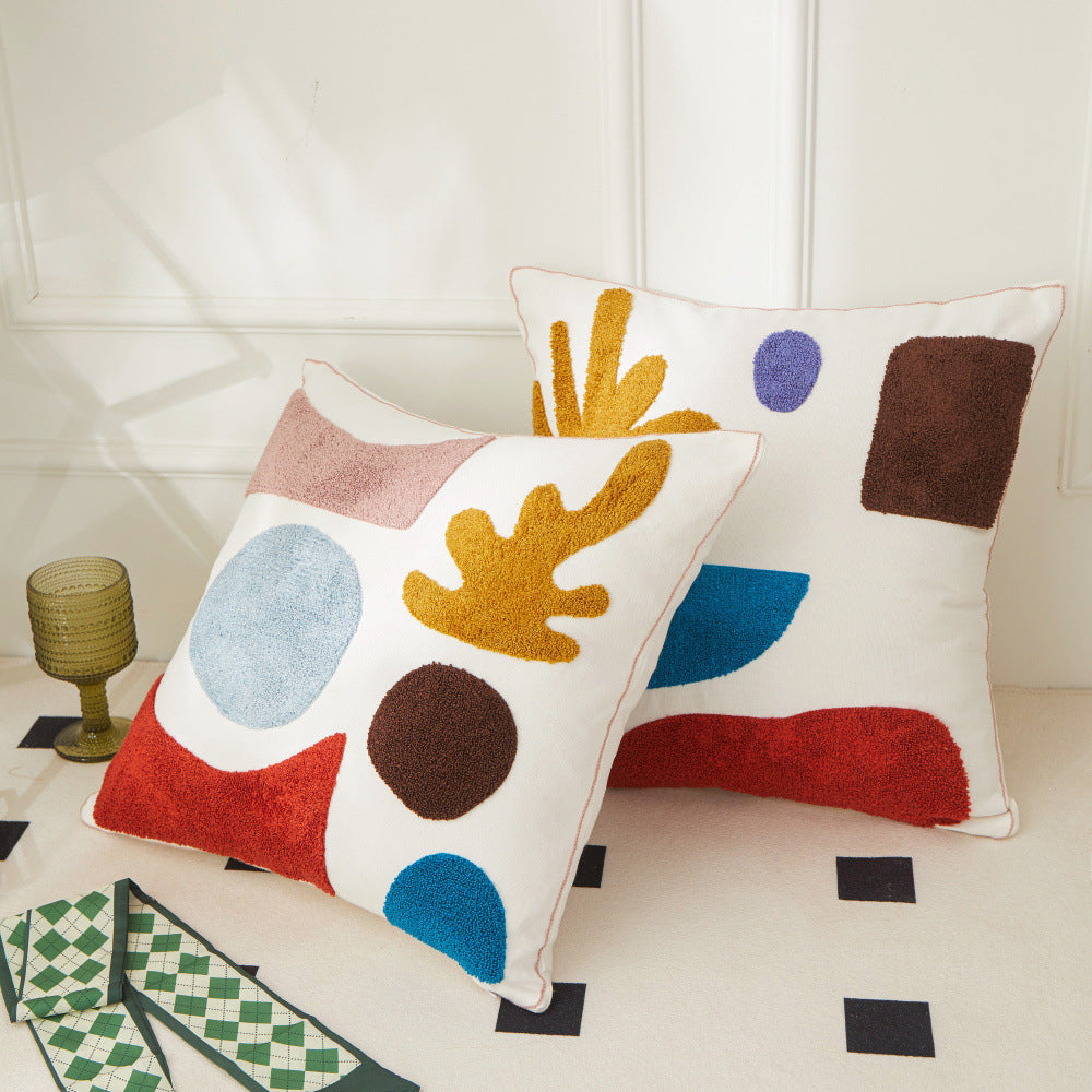 KTX-156691 Morandi Seaweed Color Block Plush Embroidery Pillowcase - All Cotton Canvas, 45x45 cm
