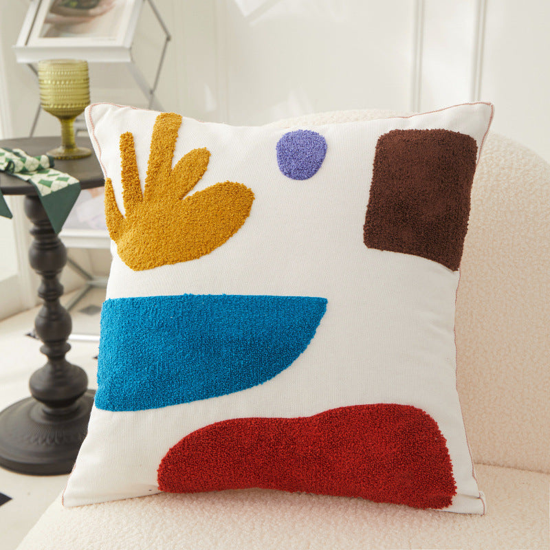 KTX-156691 Morandi Seaweed Color Block Plush Embroidery Pillowcase - All Cotton Canvas, 45x45 cm