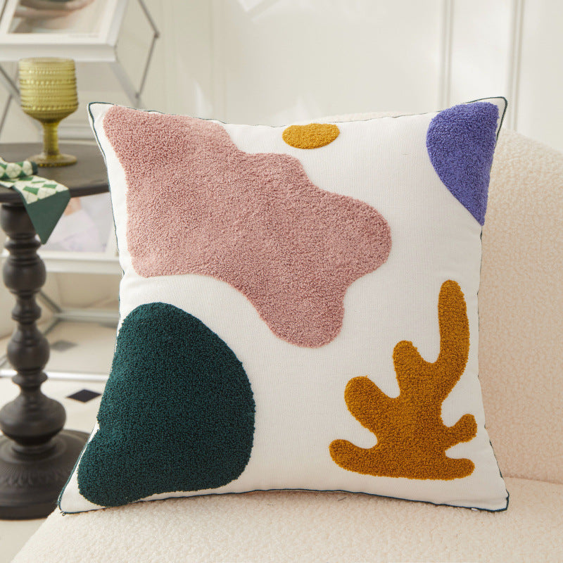 KTX-156691 Morandi Seaweed Color Block Plush Embroidery Pillowcase - All Cotton Canvas, 45x45 cm