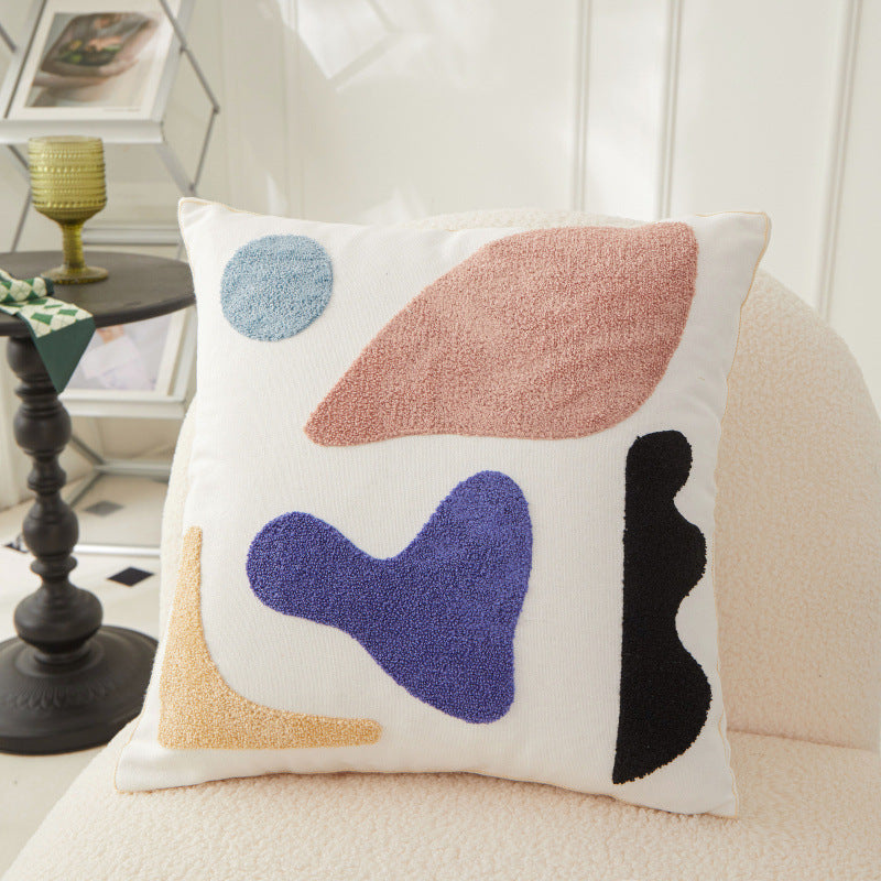 KTX-156691 Morandi Seaweed Color Block Plush Embroidery Pillowcase - All Cotton Canvas, 45x45 cm