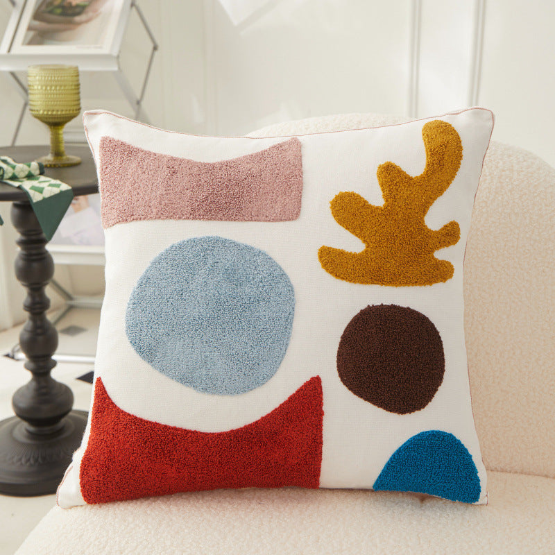 KTX-156691 Morandi Seaweed Color Block Plush Embroidery Pillowcase - All Cotton Canvas, 45x45 cm