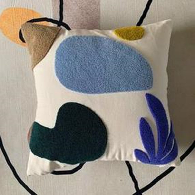 KTX-156691 Morandi Seaweed Color Block Plush Embroidery Pillowcase - All Cotton Canvas, 45x45 cm