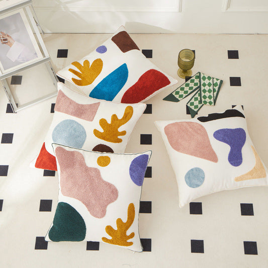 KTX-156691 Morandi Seaweed Color Block Plush Embroidery Pillowcase - All Cotton Canvas, 45x45 cm