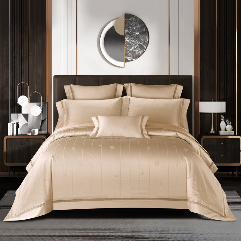 KTX-159507 High Density Jacquard Cotton Bedding Set - 4 Pieces in Pink, Grey, and Camel