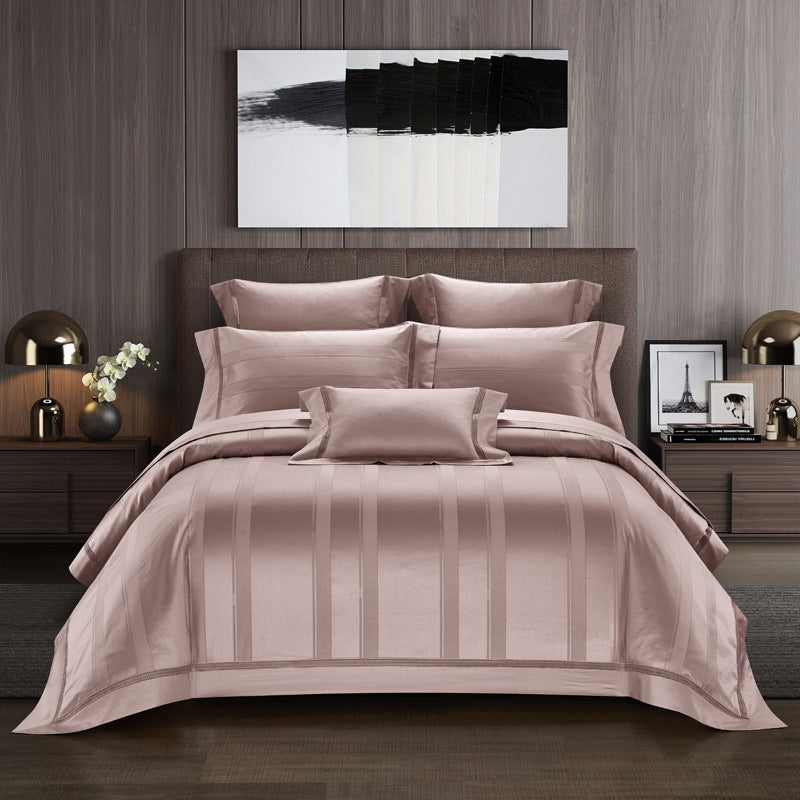 KTX-159507 High Density Jacquard Cotton Bedding Set - 4 Pieces in Pink, Grey, and Camel