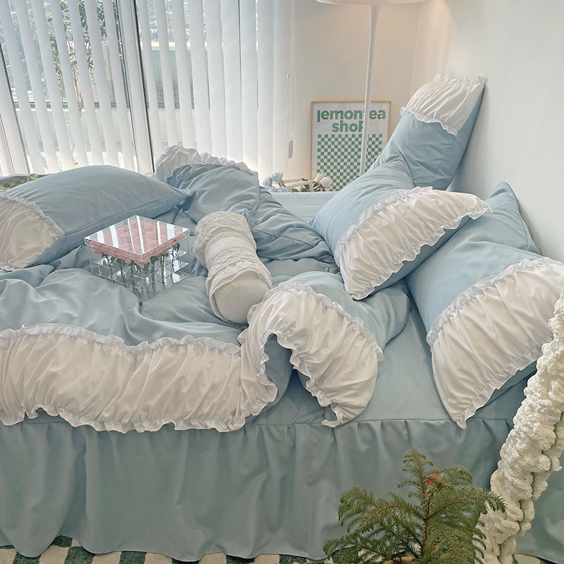 KTX-161171 Elegant French Lace Pleated Bed Skirt Set with Floral Design - Available in Multiple Sizes