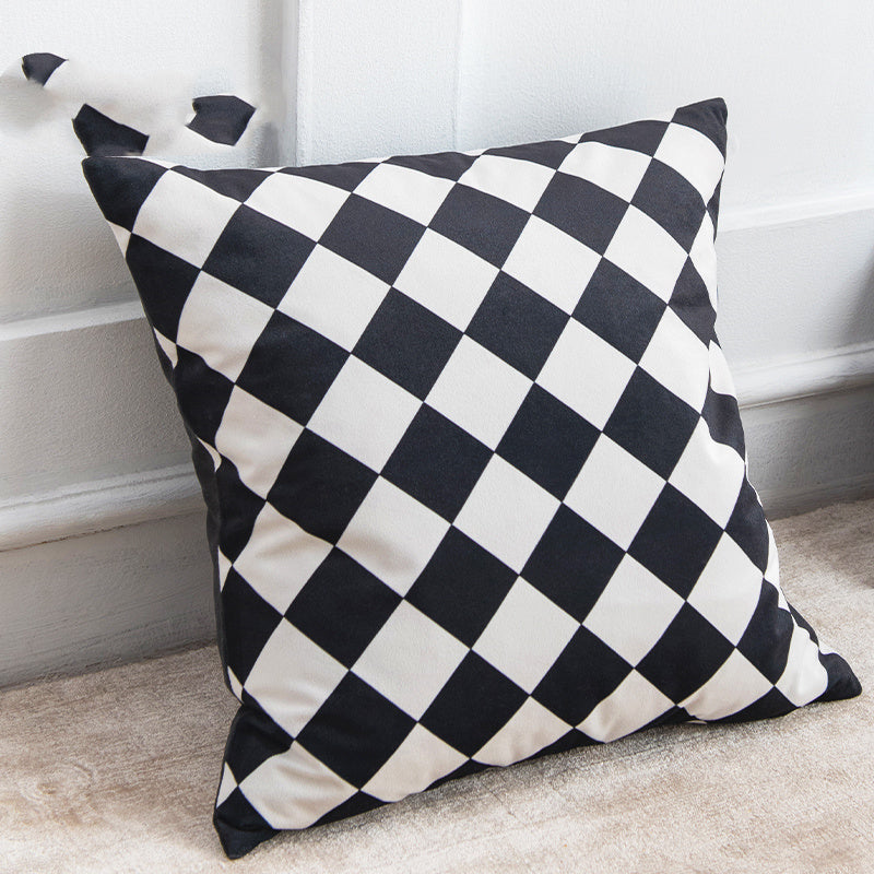 KTX-163539 Modern Black and White Geometric Velvet Pillow - Stylish Cushion with PP Cotton Filling, Multiple Sizes Available