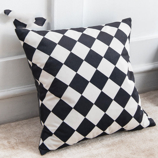 KTX-163539 Modern Black and White Geometric Velvet Pillow - Stylish Cushion with PP Cotton Filling, Multiple Sizes Available