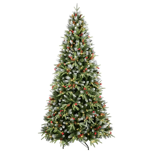 KTX-165395 7ft Artificial Christmas Tree with LED Warm White Lights and Red Pine Cone Accents, Hinged Foldable Base