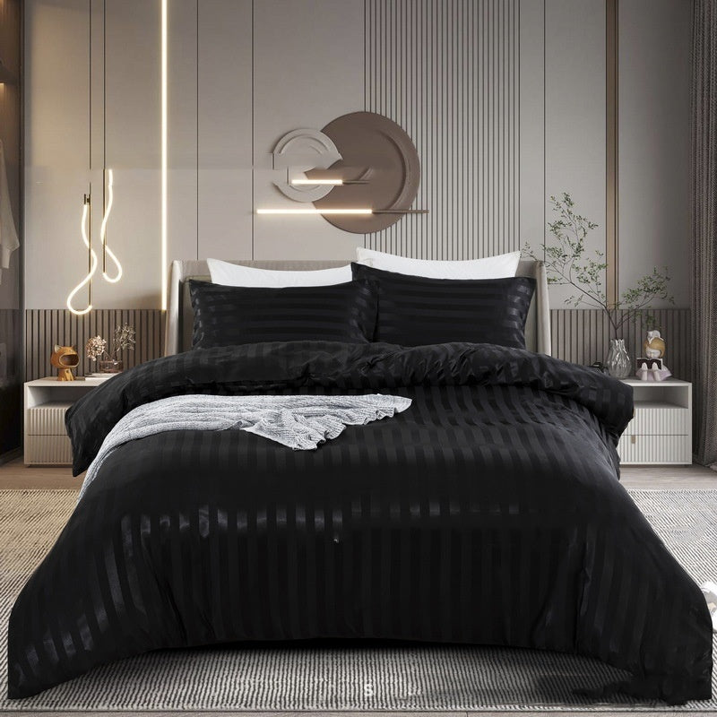 KTX-166931 Satin Stripe Bedding Set - Three-Piece & Four-Piece Options with Pillowcases and Duvet Cover