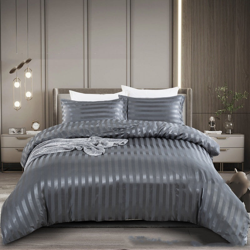 KTX-166931 Satin Stripe Bedding Set - Three-Piece & Four-Piece Options with Pillowcases and Duvet Cover