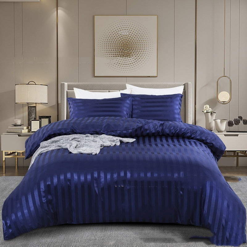 KTX-166931 Satin Stripe Bedding Set - Three-Piece & Four-Piece Options with Pillowcases and Duvet Cover