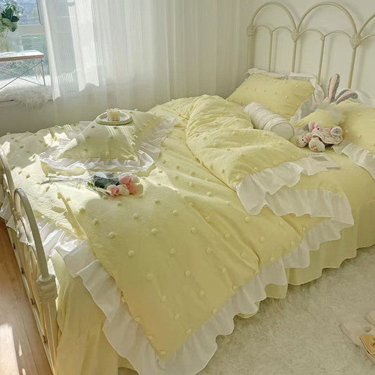 KTX-168083 Korean Style Cute Four-Piece Bedding Set with Decorative Lace and Soft Brushed Fabric