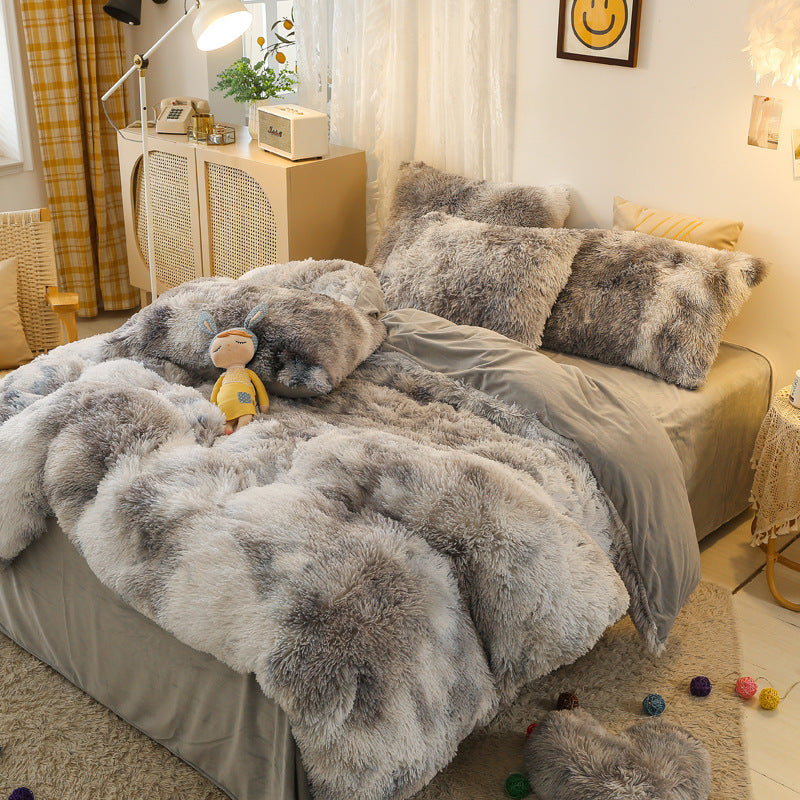 KTX-170387 Mink Velvet Four Piece Set - Long Plush Crystal Velvet Duvet Cover with Pillowcases in Modern Solid Colors