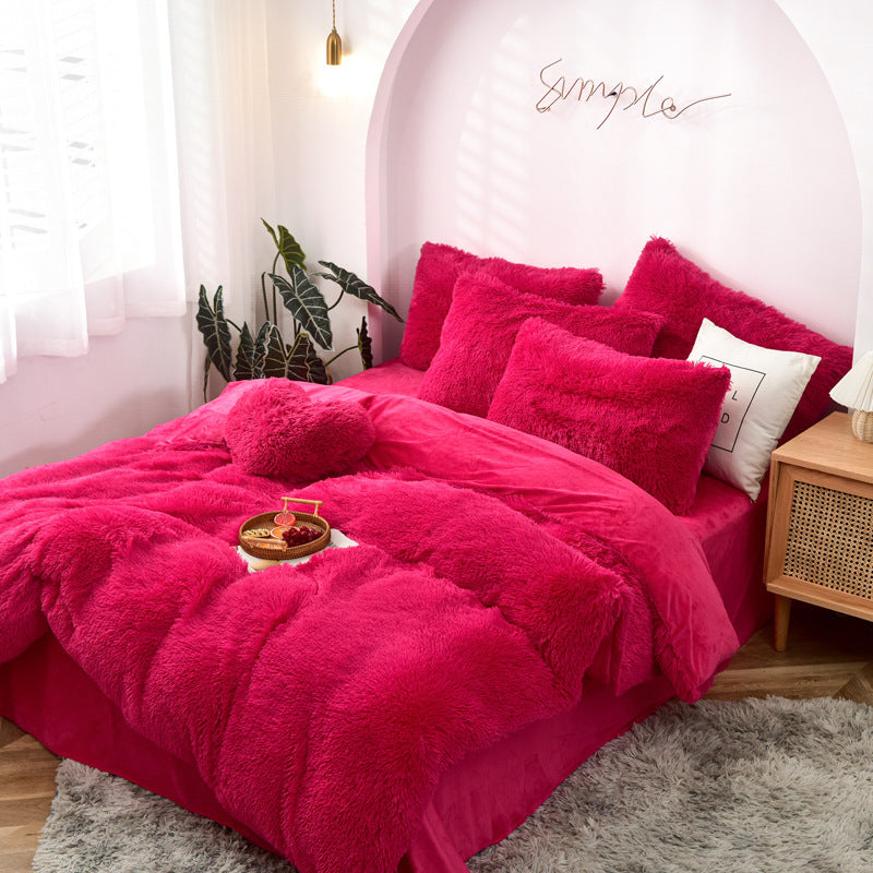 KTX-170387 Mink Velvet Four Piece Set - Long Plush Crystal Velvet Duvet Cover with Pillowcases in Modern Solid Colors
