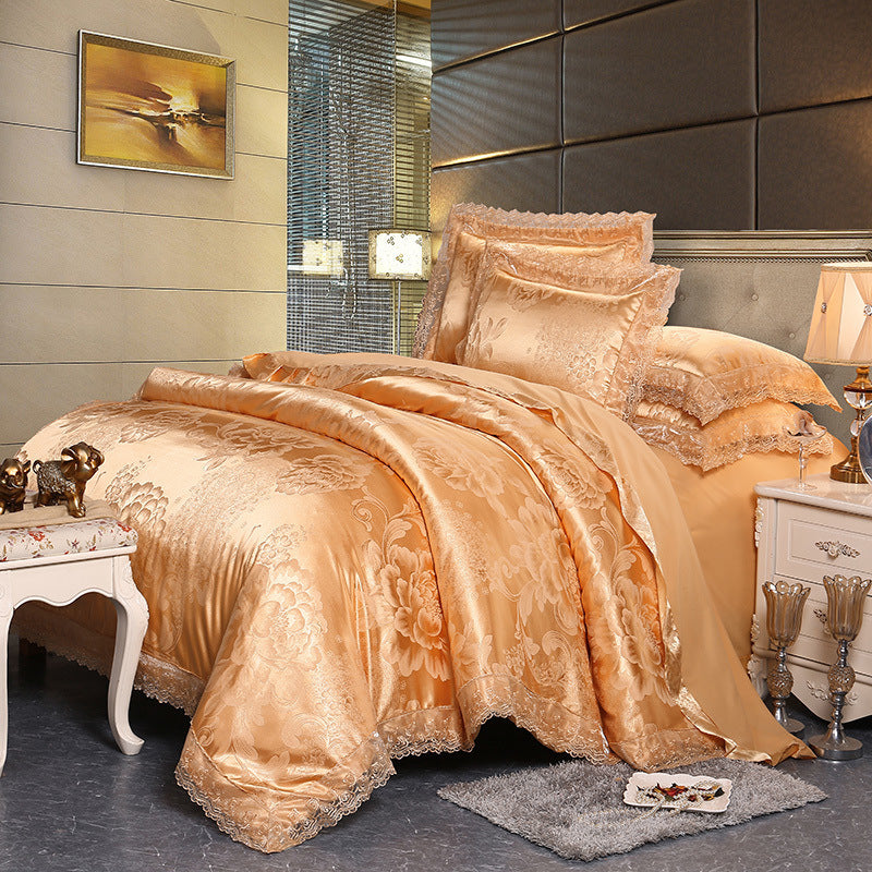 KTX-172691 Four-Piece Romantic Lace Cotton Bedding Set with Jacquard Satin Design