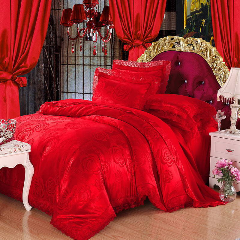 KTX-172691 Four-Piece Romantic Lace Cotton Bedding Set with Jacquard Satin Design