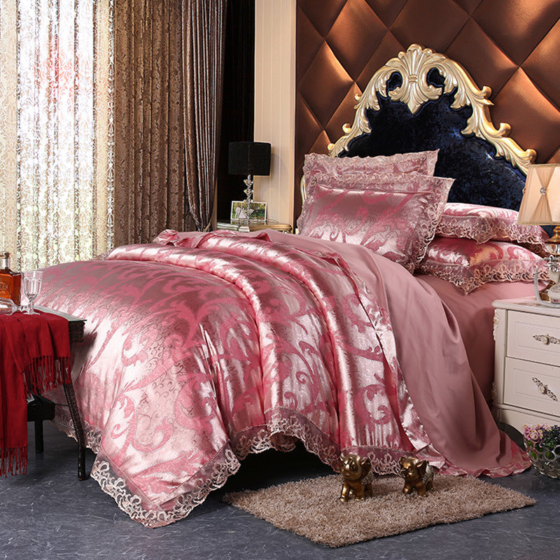 KTX-172691 Four-Piece Romantic Lace Cotton Bedding Set with Jacquard Satin Design