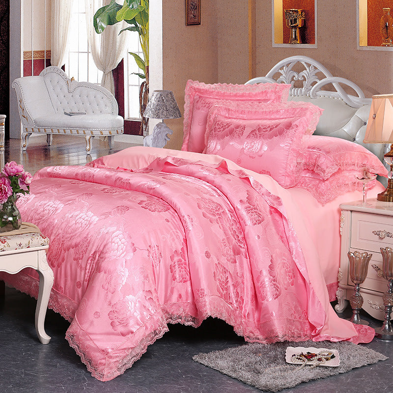 KTX-172691 Four-Piece Romantic Lace Cotton Bedding Set with Jacquard Satin Design