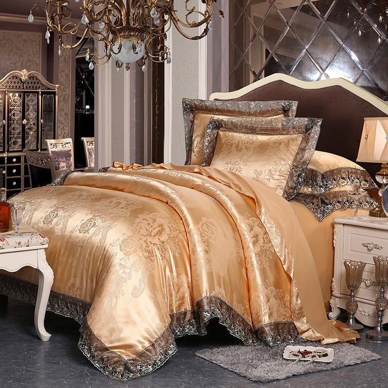 KTX-172691 Four-Piece Romantic Lace Cotton Bedding Set with Jacquard Satin Design