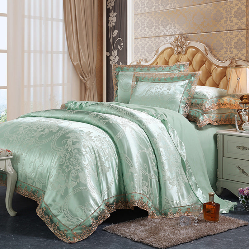 KTX-172691 Four-Piece Romantic Lace Cotton Bedding Set with Jacquard Satin Design