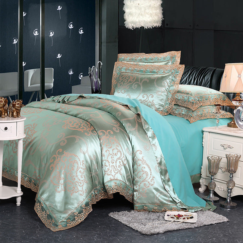 KTX-172691 Four-Piece Romantic Lace Cotton Bedding Set with Jacquard Satin Design