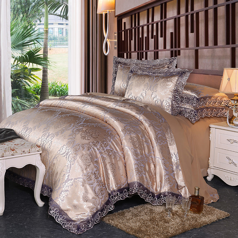KTX-172691 Four-Piece Romantic Lace Cotton Bedding Set with Jacquard Satin Design