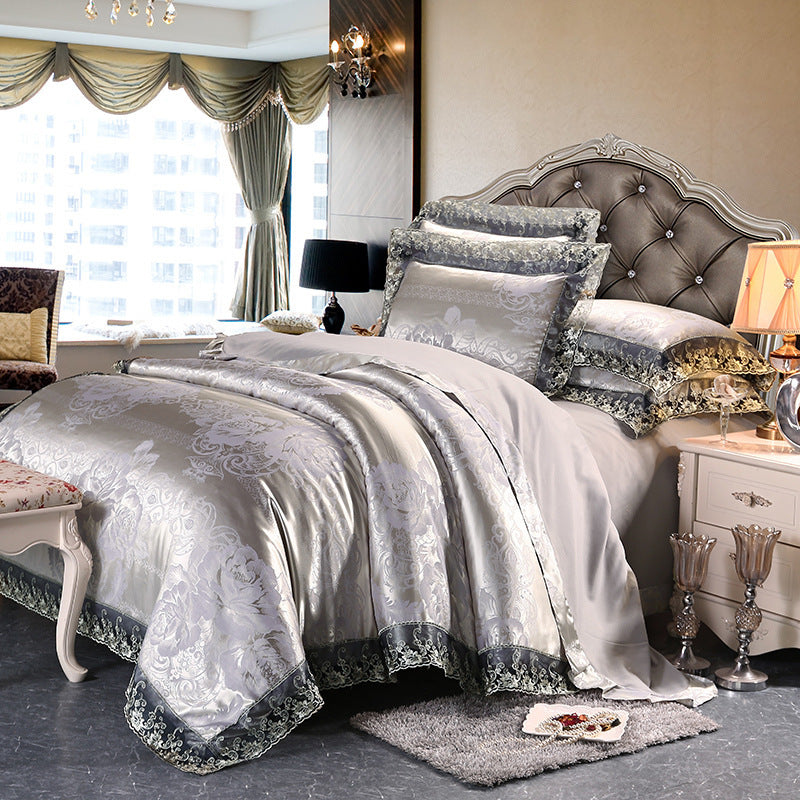KTX-172691 Four-Piece Romantic Lace Cotton Bedding Set with Jacquard Satin Design