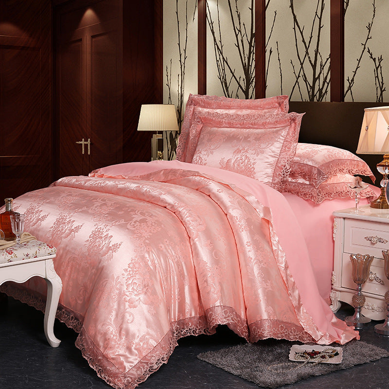 KTX-172691 Four-Piece Romantic Lace Cotton Bedding Set with Jacquard Satin Design