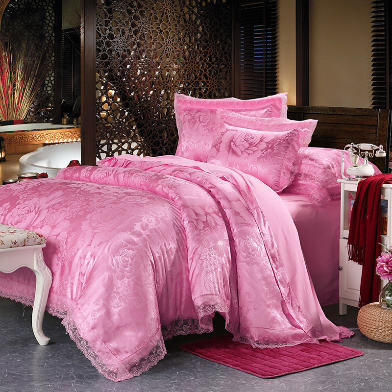 KTX-172691 Four-Piece Romantic Lace Cotton Bedding Set with Jacquard Satin Design