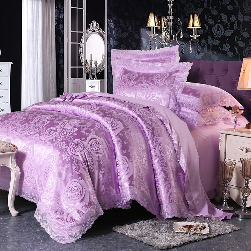KTX-172691 Four-Piece Romantic Lace Cotton Bedding Set with Jacquard Satin Design