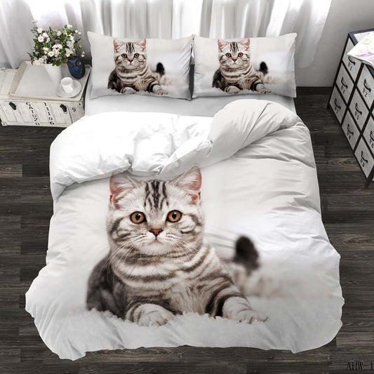 KTX-174803 Three-Piece Realistic Animal Quilt Cover Set for Cats and Dogs - Modern Polyester Bedding with Flower Design