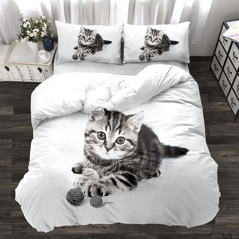 KTX-174803 Three-Piece Realistic Animal Quilt Cover Set for Cats and Dogs - Modern Polyester Bedding with Flower Design