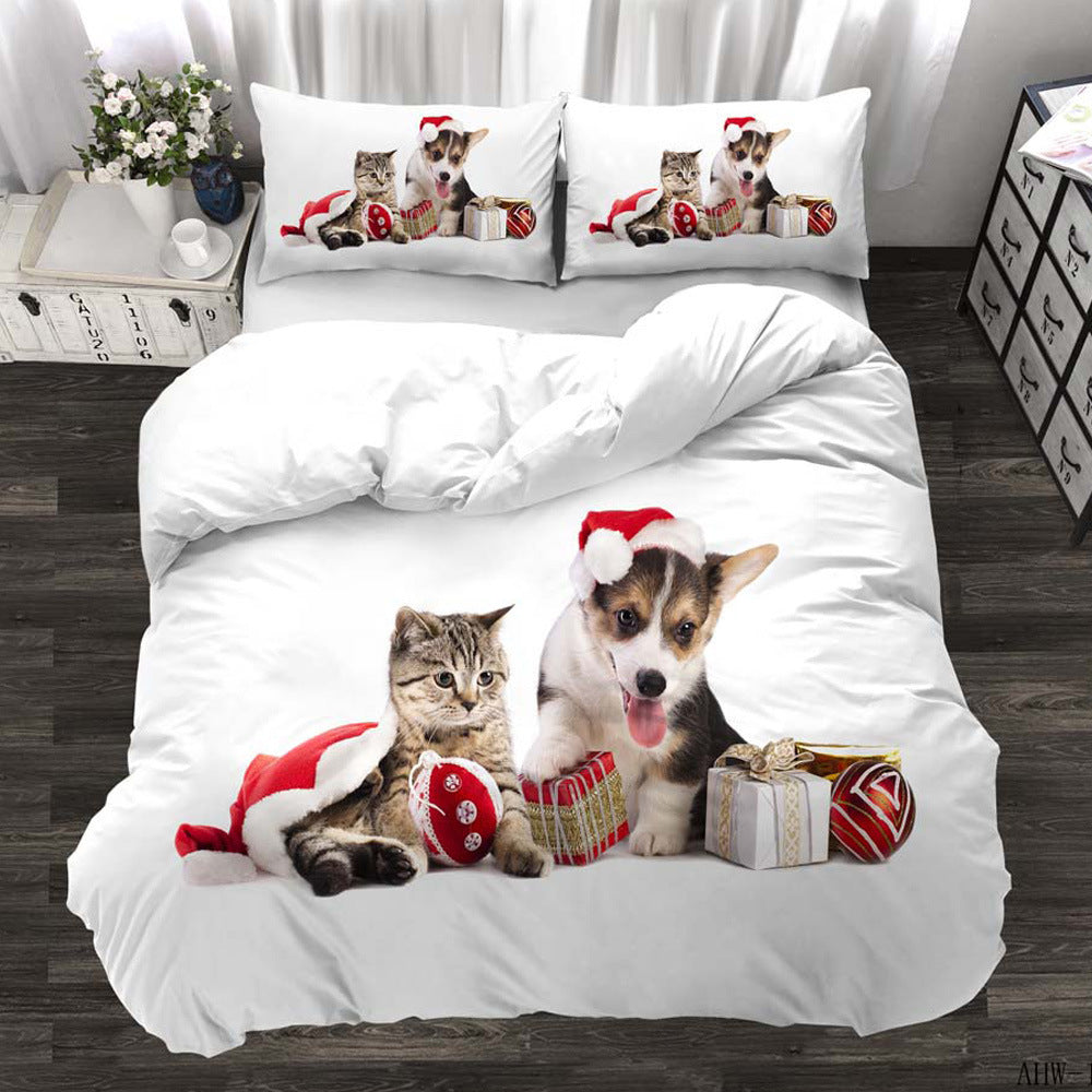 KTX-174803 Three-Piece Realistic Animal Quilt Cover Set for Cats and Dogs - Modern Polyester Bedding with Flower Design