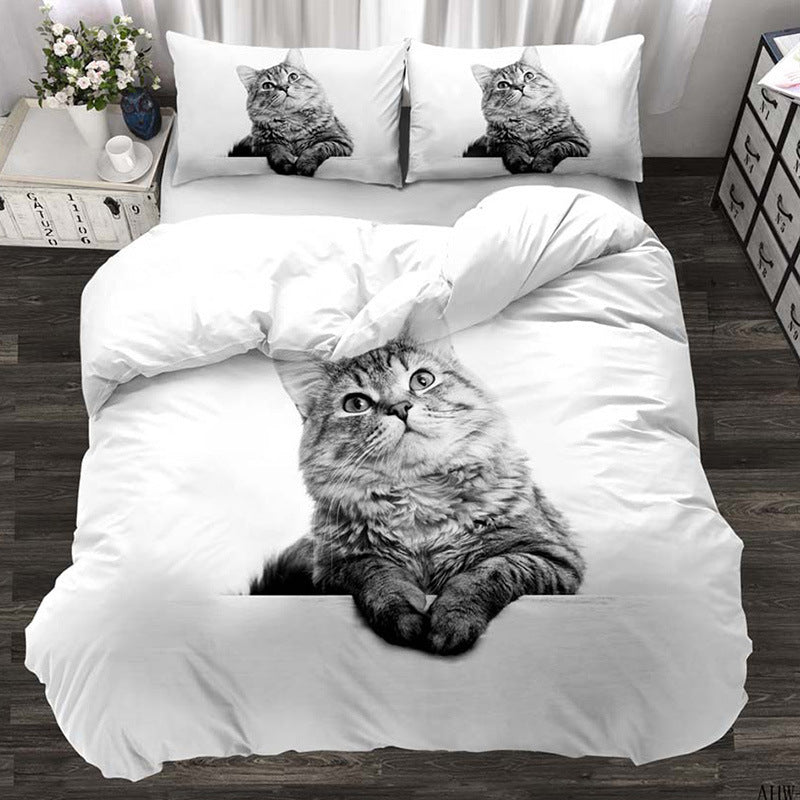 KTX-174803 Three-Piece Realistic Animal Quilt Cover Set for Cats and Dogs - Modern Polyester Bedding with Flower Design