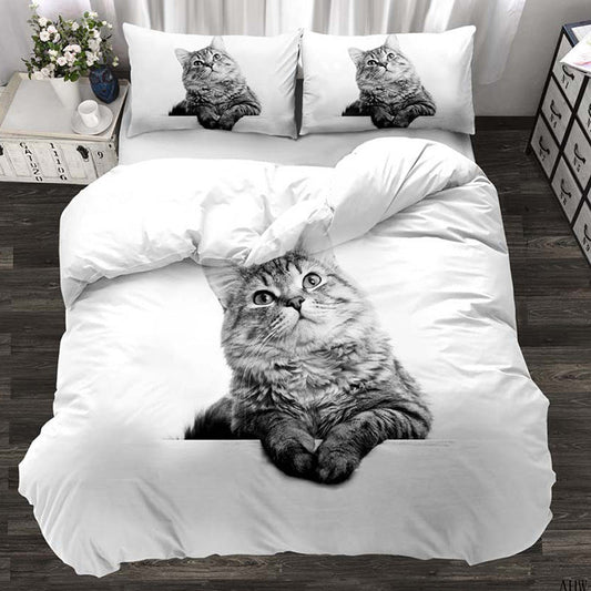 KTX-174803 Three-Piece Realistic Animal Quilt Cover Set for Cats and Dogs - Modern Polyester Bedding with Flower Design
